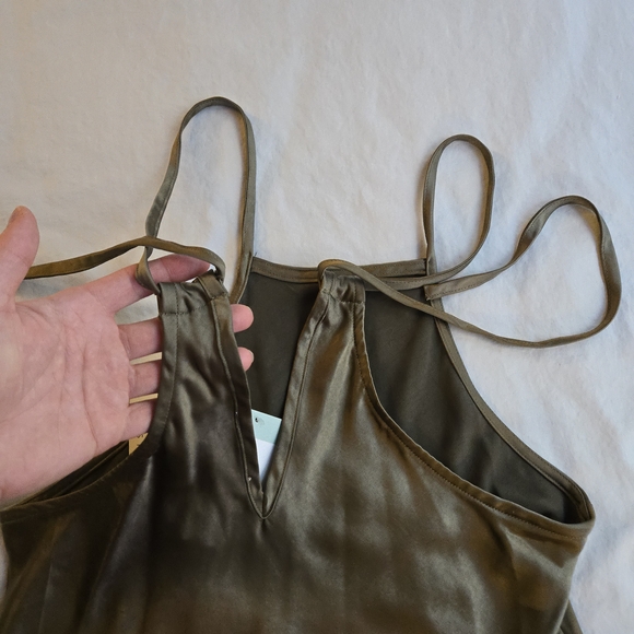 Dress Forum Halter Satin Tie Back Olive Green Midi Slip Dress 90s Y2K - Picture 13 of 15